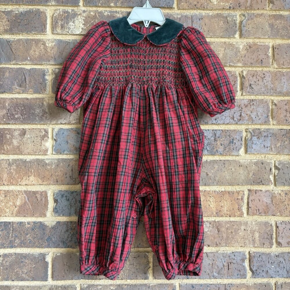 Vintage Class Club Smocked Red Green Tartan Plaid Bubble Romper Size 12M